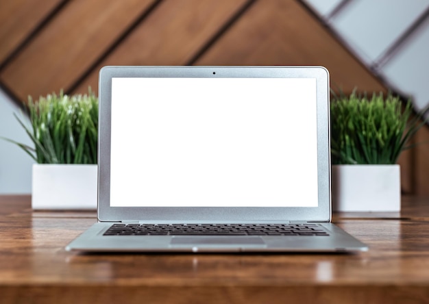 Maquette d'écran d'ordinateur portable maquette d'affichage blanc sur une table de bureau en bois avec des plantes vertes