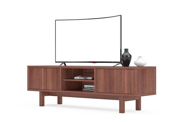 Photo maquette d'écran smart tv led ou lcd incurvée moderne au-dessus du support de console en bois rendu 3d