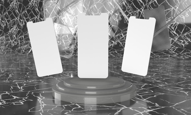 Photo maquette d'écran de smartphone au-dessus d'un triple piédestal de cylindre doré avec affichage de la scène de présentation du produit sur fond de marbre noir par rendu 3d