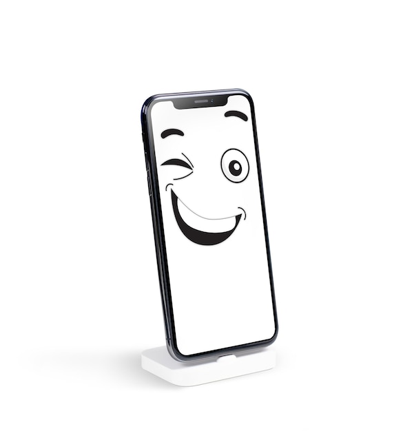 Maquette d'écran de smartphone avec dessin animé d'émoticône de visage clignotant sur fond blanc