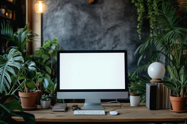 Une maquette d'écran vide sur le bureau avec de la papeterie