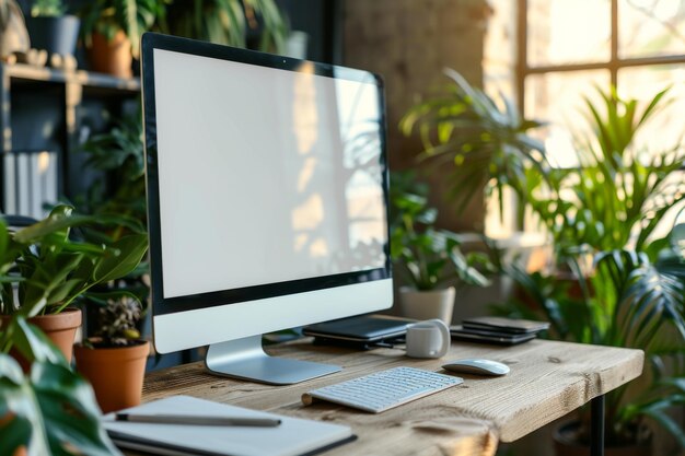 Une maquette d'écran vide sur le bureau avec de la papeterie