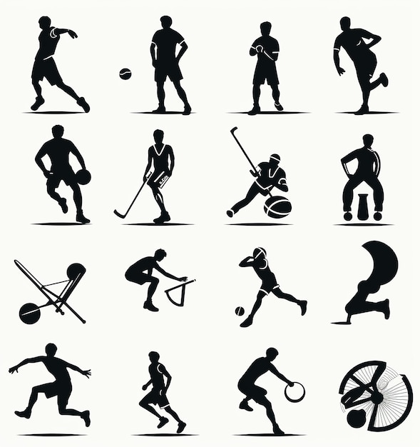 Maquette d'un ensemble d'icônes de sport simples en stock noir dans le style
