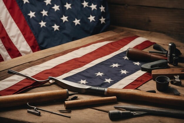 Maquette de la fête du Travail avec des outils à main et un arc de drapeau américain
