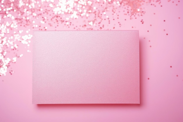 Une maquette d'une feuille de papier rose sur une table rose avec des paillettes et des strass une carte de voeux