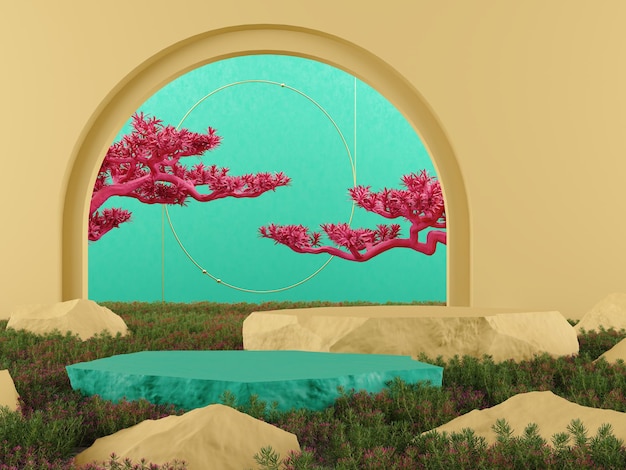 Maquette fond 3d jaune vert abstrait concept de jardin zen rendu 3D