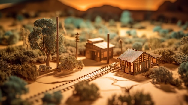 Maquette d'une gare avec une forêt et une maison.