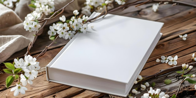 Maquette en gros plan d'un livre à couverture blanche blanche ou d'une couverture de carnet de notes avec des fleurs sur une table Concept Mockup Photographie Closeup Shots Livre à couverture dure blanc Fleurs Tableau