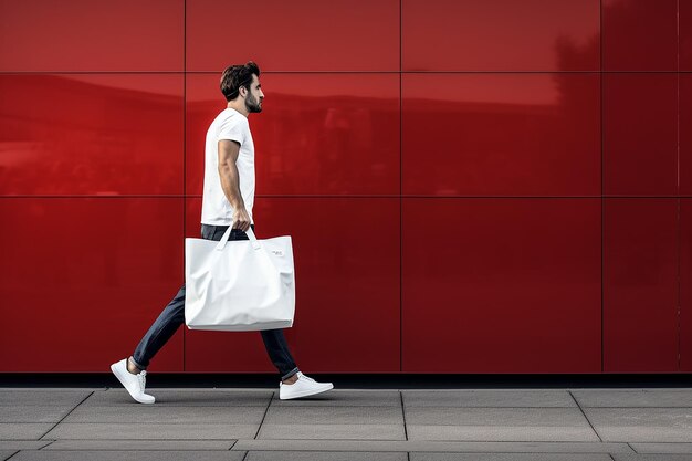 Maquette d'homme portant un sac à provisions blanc avec un stock de polo rouge