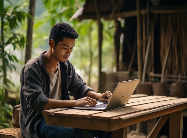 Maquette d'homme thaïlandais utilisant un ordinateur portable dans la cour sur une table en bois en S