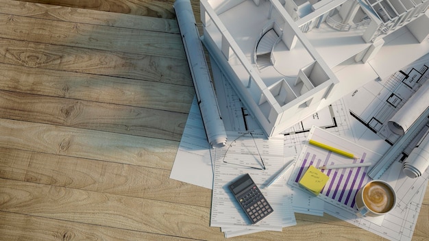 Photo maquette d'un immeuble en copropriété sur une surface en bois avec calculateur de formulaire de demande de prêt hypothécaire