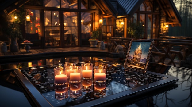 Une maquette intelligente de tablette dans une cabane de montagne avec un papier peint à fond chaud