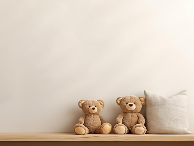 Maquette intérieure de la chambre des enfants mur neutre vide pour votre texte étagère en bois et jouets en peluche