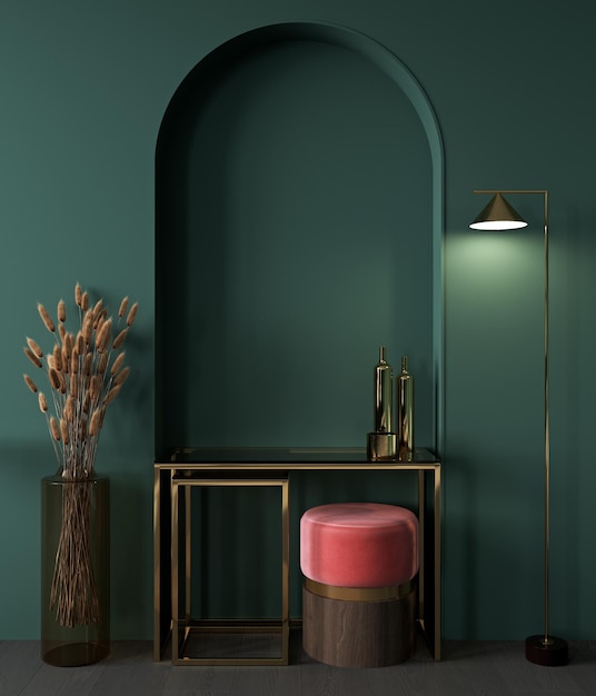 Maquette intérieure du salon, mobilier moderne et arche verte décorative avec fleurs séchées à la mode, pouf rose et lampadaire, rendu 3d