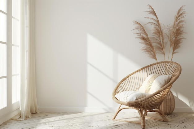 Photo maquette intérieure verticale avec fauteuil en osier et plante en vase sur fond de mur vide 3d