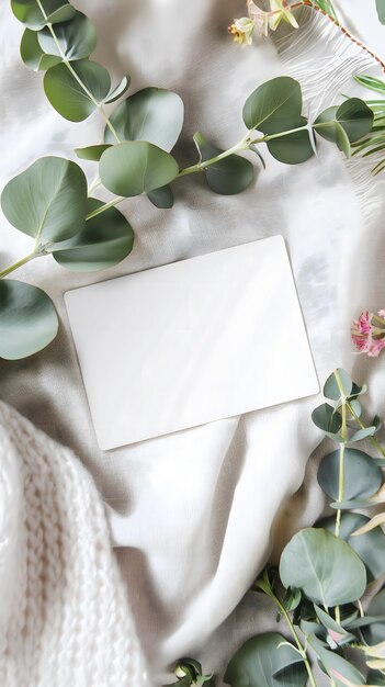 Une maquette d'invitation blanche élégante avec de l'eucalyptus et du tissu de soie