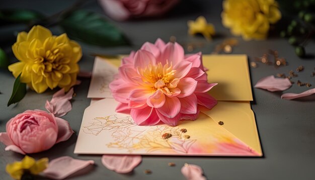 Maquette d'invitation de mariage inspirée du jardin avec des accents roses et jaunes