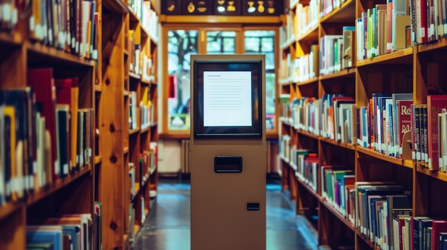 Une maquette de kiosque d'information de bibliothèque a été créée parmi les étagères.