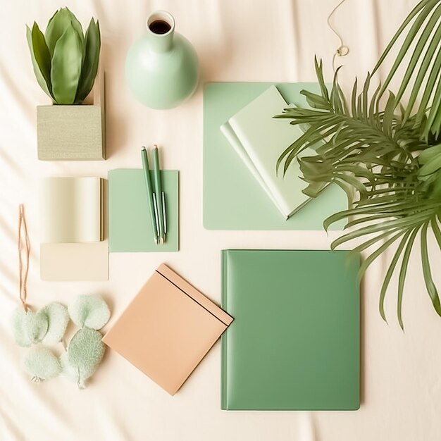 Maquette de livre vert avec un café gypsophile et des accessoires d'espace de travail sur une table beige Ai généré