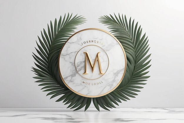 Maquette de logo de luxe sur marbre circulaire avec des feuilles de palmier sur fond blanc rendu 3D