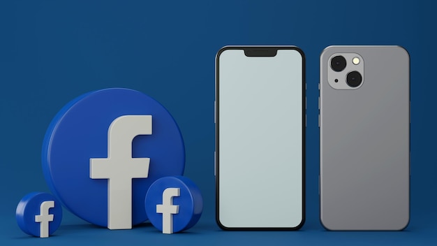 Maquette de logos de téléphone et Facebook sur fond bleu rendu 3D