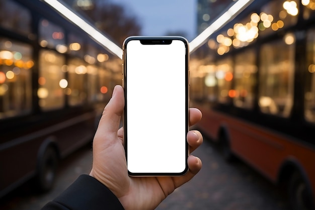 Maquette d'une main masculine tenant un smartphone avec un écran blanc vide à l'arrière-plan du dépôt de bus Téléphone portable avec affichage vide à la lumière bokeh de la ville