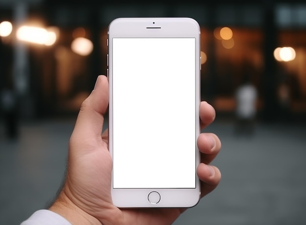Maquette mains tenant un téléphone intelligent avec écran blanc Banque de Photo