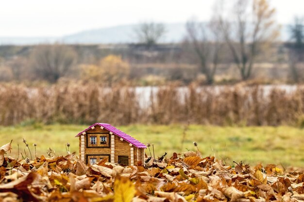 Photo maquette d'une maison au bord de la rivière en automne. logement dans la nature