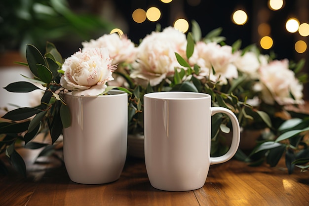 Maquette de mariage pivoine feuilles vertes tasses blanches tasses bohostyle