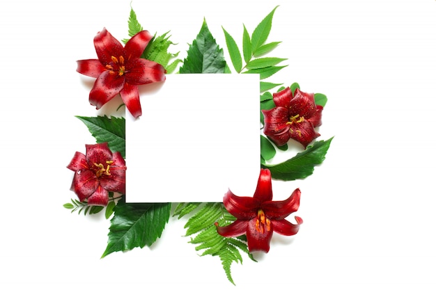 Maquette de marque élégante pour afficher vos œuvres d'art. carte de voeux blanche vierge avec des fleurs et des feuilles tropicales