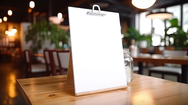 Maquette de menu vierge pour la promotion du marketing de texte Cadre de menu maquette debout sur une table en bois dans l'espace du restaurant pour le texte