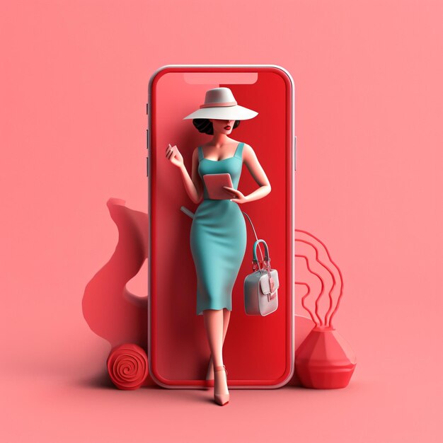 Maquette mobile d'une femme shopper avec une robe et avait avec le concept de commerce électronique de sacs à provisions