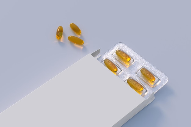 Maquette modifiable de capsules dorées d'oméga 3 d'huile de poisson dans un blister rendu 3d