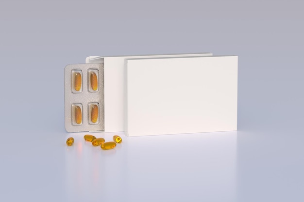 Maquette modifiable de capsules dorées d'oméga 3 d'huile de poisson dans un blister rendu 3d