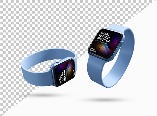 Maquette de montre intelligente. Deux nouveaux écrans d'affichage noirs pour montres intelligentes avec bracelet bleu.