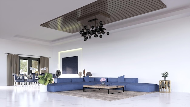 Maquette de mur blanc dans un salon moderne avec canapé bleu
