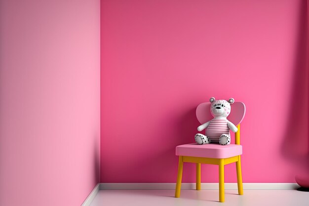 Maquette d'un mur dans une chambre d'enfant avec une chaise contre un mur rose vif