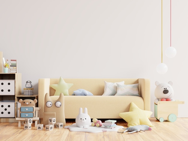 Maquette de mur dans la chambre des enfants en rendu 3d de mur blanc