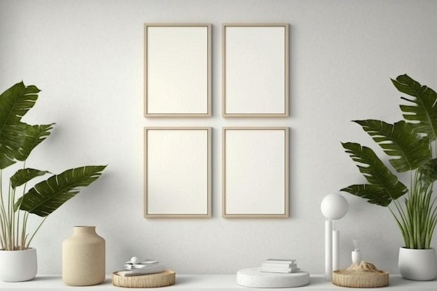 Maquette de mur de galerie de salon, cadres sur le mur, maquette de cadre minimaliste, affiche, rendu 3d.