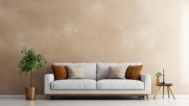 Photo maquette de mur intérieur du salon dans des tons chauds avec un canapé sur un fond de mur vide