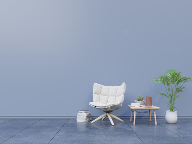 Maquette de mur intérieur avec fauteuil et table, plantes, vase sur fond blanc vide.