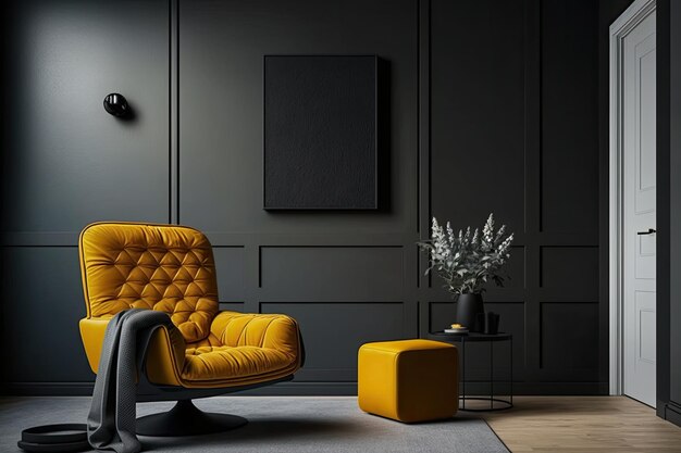Maquette d'un mur intérieur sombre et confortable avec un fauteuil inclinable jaune contre un mur noir
