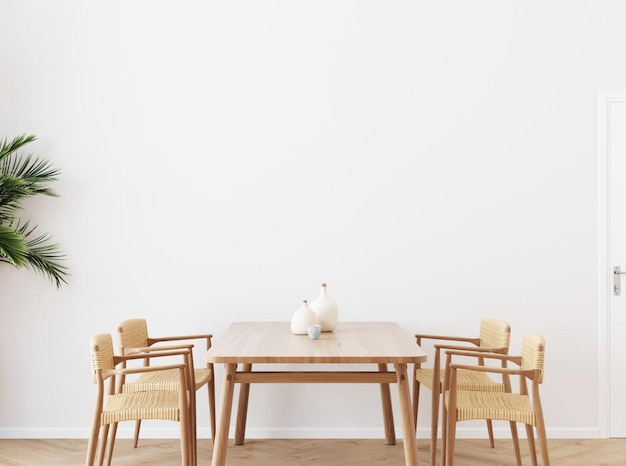 Maquette de mur de salle à manger avec ensemble de salle à manger en rotin de palmier Areca table en bois sur plancher en bois 3d