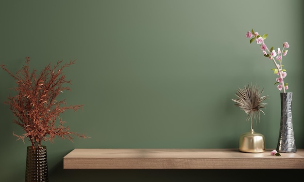 Maquette de mur végétalisé avec étagère en bois et décoration d'accessoires