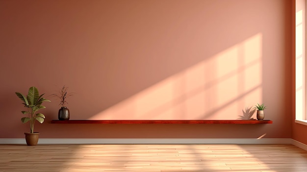 Photo maquette de mur vide mur brun clair dans la pièce vide avec fenêtre en verre panoramique et ombre de lumière du soleil