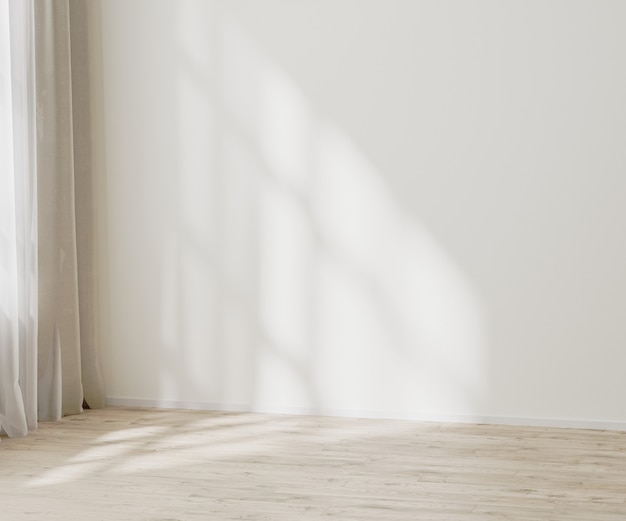 Maquette de mur vide, pièce vide avec mur blanc avec lumière du soleil et ombres près de la fenêtre, parquet, illustration 3d
