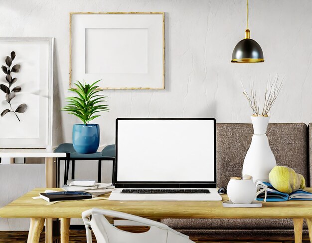 Une maquette d'ordinateur portable à écran blanc et des accessoires sur une table dans un salon moderne et confortable