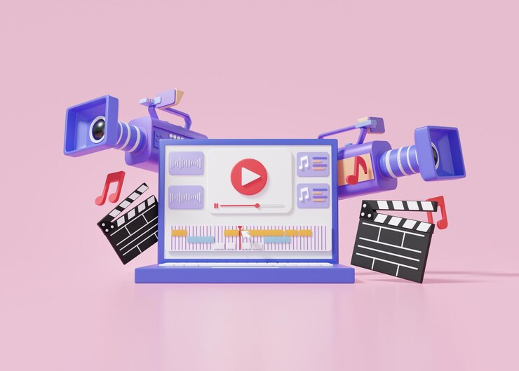 Maquette d'ordinateur portable montage vidéo de caméra vidéo et coupe des séquences Musique sonore via ordinateur Dessin animé mignon lisse sur fond rose mouvement vlog film clapper board illustration de rendu 3d
