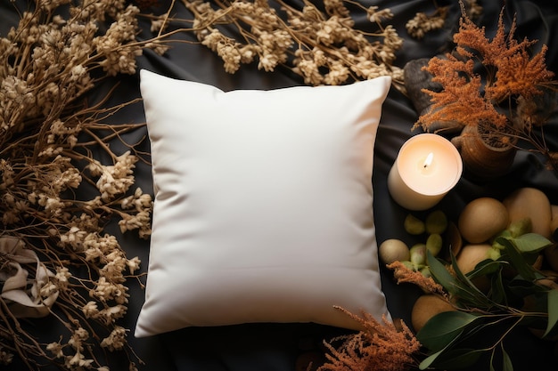 Maquette d'oreiller Oreiller blanc sur fond de décoration intérieure Bougies de soja aromatiques Décoration confortable Brindilles