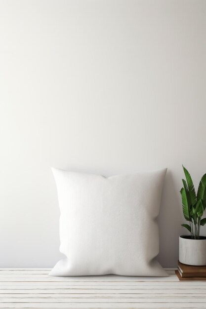 Une maquette d'oreiller en toile carrée blanche sur papier peint gris, une maquette de petit coussin en coton dans le salon.